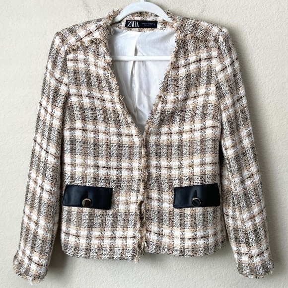 Zara Neutral Plaid Frayed V Neck Tweed Faux Leather Trim Blazer - Picture 1 of 15